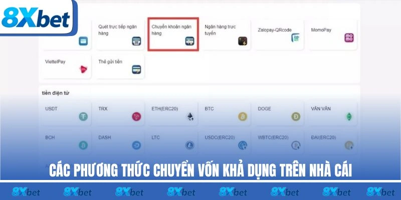 Các phương thức chuyển vốn khả dụng trên nhà cái